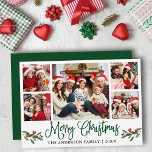 Cartes Pour Fêtes Annuelles Moderne Fun Calliage 5 Photo Christmas Green<br><div class="desc">Calligraphie moderne Script 5 Photo Famille Photo Collage Joyeux Noël Carte inclut Aquarelle Noël Fruits de Noël - Script vert</div>
