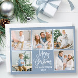Cartes Pour Fêtes Annuelles Moderne Fun Calligraphie bleu 5 Photo Noël<br><div class="desc">Script de calligraphie moderne Joyeux Noël 5 Photo Collage Carte de vacances - Dusty Blue Arrière - plan</div>