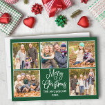 Cartes Pour Fêtes Annuelles Moderne Fun Calligraphie Vert 5 Photo Noël<br><div class="desc">Joyeux Noël 5 Photo Collage Carte de vacances - Arrière - plan vert de la forêt</div>