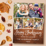 Cartes Pour Fêtes Annuelles Moderne Fun Calligraphy Wood 4 Photos Thanksgiving<br><div class="desc">Calligraphie moderne Script 4 Photo Bon thanksgiving Famille Carte postale - Rustic Country Wood</div>