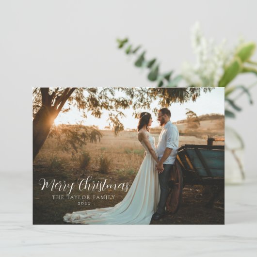 Cartes Pour Fêtes Annuelles Moderne Photo de couple de Noël vert bohème chic (Debout devant)