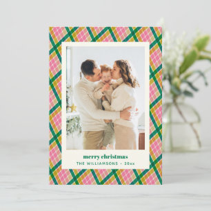 Cartes Pour Fêtes Annuelles Moderne Photo de Noël à carreaux rose et vert rétr