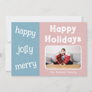 Cartes Pour Fêtes Annuelles Moderne Rose Bleu Photo Flocon de Neige Noël Joyeu