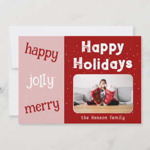 Cartes Pour Fêtes Annuelles Moderne Rouge Rose Photo Flocon de Neige Noël Joye