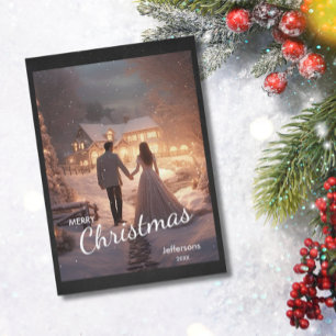 Cartes Pour Fêtes Annuelles Moderne tendance Noël Couple Photo Chalet Neige