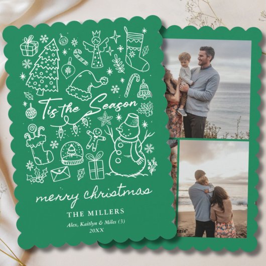 Cartes Pour Fêtes Annuelles Moderne vert C'est la saison Noël Doodle