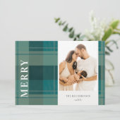 Cartes Pour Fêtes Annuelles Moderne vert sarcelle bleu carreau photo Joyeux No (Debout devant)