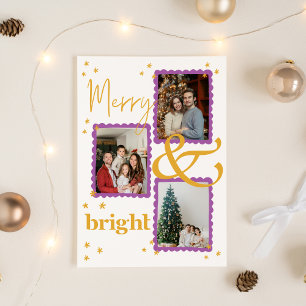 Cartes Pour Fêtes Annuelles Moderne Violet et Or 3 Photo Joyeux et Lumineux