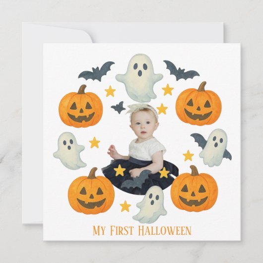 Cartes Pour Fêtes Annuelles Mon premier Halloween | Couronne de citrouille et (Devant)
