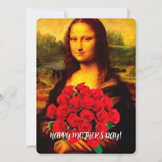 Cartes Pour Fêtes Annuelles Mona Lisa tenant des roses rouges heureux Fête des (Devant)