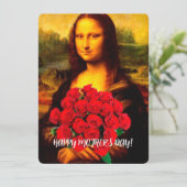 Cartes Pour Fêtes Annuelles Mona Lisa tenant des roses rouges heureux Fête des (Debout devant)