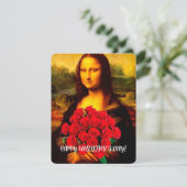 Cartes Pour Fêtes Annuelles Mona Lisa tenant des roses rouges Saint-Valentin (Debout devant)
