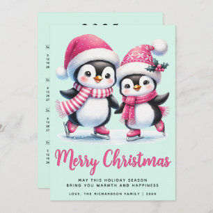 Cartes Pour Fêtes Annuelles Monnaie rose Joyeux pingouins de patinage sur glac