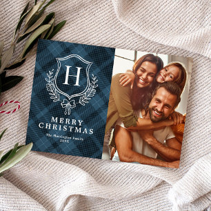 Cartes Pour Fêtes Annuelles Monogramme bleu classique en plastique photo Noël