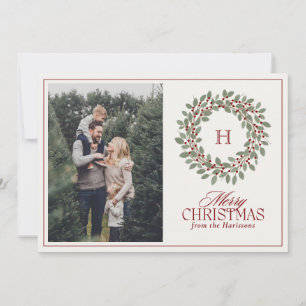 Cartes Pour Fêtes Annuelles Monogramme de couronne de Noël Photo Joyeux Noël
