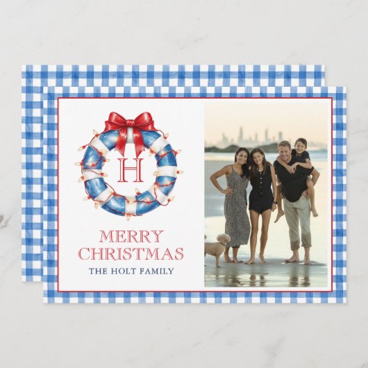 Cartes Pour Fêtes Annuelles Monogramme de Noël côtier En vichy photo (Devant / Derrière)