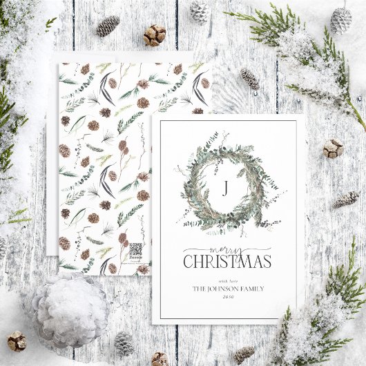 Cartes Pour Fêtes Annuelles Monogramme Dusty Winter Wreath Joyeux Noël