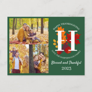 Cartes Pour Fêtes Annuelles Monogramme floral Thanksgiving Photo de famille Co