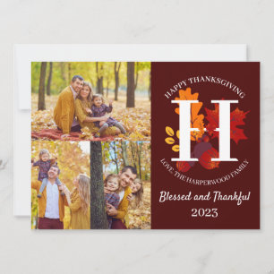 Cartes Pour Fêtes Annuelles Monogramme floral Thanksgiving Photo de famille Co