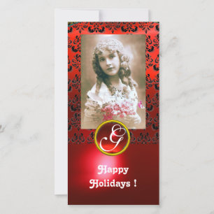 Cartes Pour Fêtes Annuelles MONogramme rubis NOIR ET ROUGE DAMASK