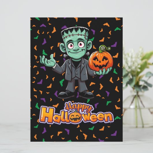 Cartes Pour Fêtes Annuelles Monstre du mignon Frankenstein avec chauve-souris/ (Debout devant)