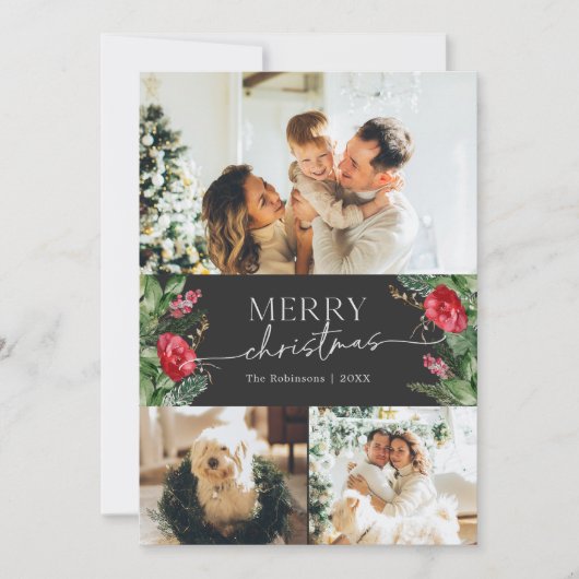 Cartes Pour Fêtes Annuelles Moody Grey Modern Script 3 Photo Joyeux Noël (Devant)