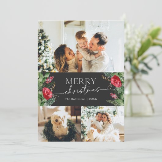 Cartes Pour Fêtes Annuelles Moody Grey Modern Script 3 Photo Joyeux Noël (Debout devant)