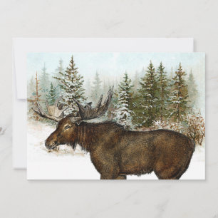 Cartes Pour Fêtes Annuelles Moose Snowforest Nature Vacances d'hiver Vintage