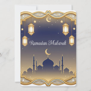 Cartes Pour Fêtes Annuelles Mosquée Bleue et Or Minimal Ramadan Mubarak