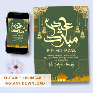 Cartes Pour Fêtes Annuelles Mosquée dorée et verte festive 3D Eid Mubarak
