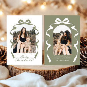 Cartes Pour Fêtes Annuelles Moss Green Bow Photo Joyeux Arche de Noël