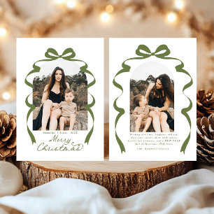 Cartes Pour Fêtes Annuelles Moss Green Bow Photo Joyeux Arche de Noël