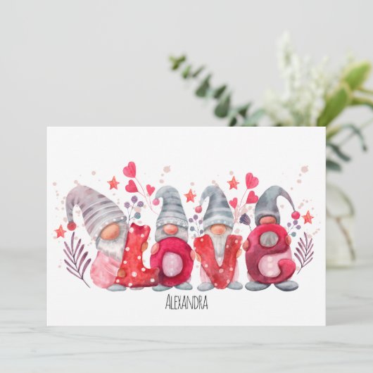 Cartes Pour Fêtes Annuelles Mot d'amour rouge avec aquarelle Gnomes Valentines (Debout devant)