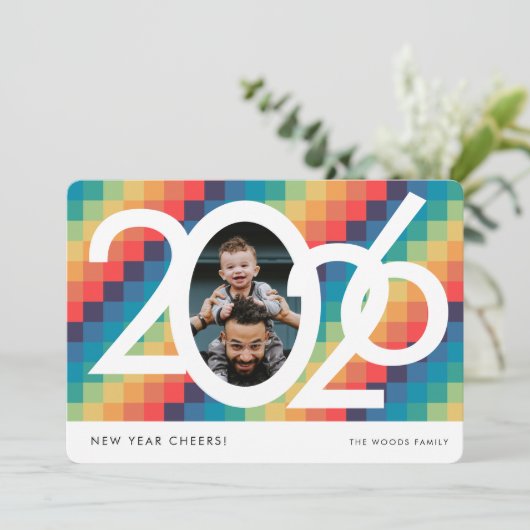 Cartes Pour Fêtes Annuelles Motif carré rétro 2026 photo du Nouvel An (Debout devant)