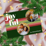 Cartes Pour Fêtes Annuelles Motif d'art des vagues Abstraites rétro personnali<br><div class="desc">Carte de voeux de Noël classique contemporaine avec motif abstrait de couleur vert clair et foncé, rose et rouge, avec texte blanc clair JOYFUL souhait. Avec de la place pour customiser ou personnaliser avec deux photos, un nom de famille (ou des noms individuels) sur le devant, et un message de...</div>