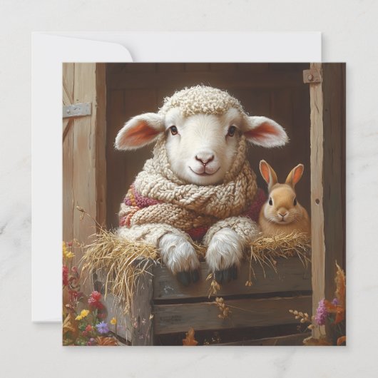 Cartes Pour Fêtes Annuelles Moutons et lapin douillets en Grange avec Fleurs (Devant)