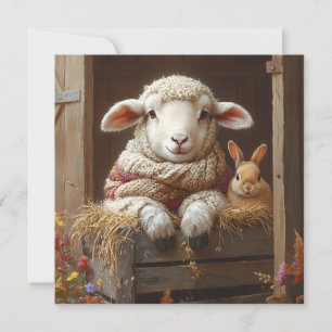 Cartes Pour Fêtes Annuelles Moutons et lapin douillets en Grange avec Fleurs
