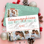 Cartes Pour Fêtes Annuelles Mr. And Mrs First Christmas Photo Collage Mariage<br><div class="desc">'Amour, paix, joie, baisers. Notre premier Noël en tant que Monsieur et Madame' mixage coloré typographie, faire-part mariage de vacances / 4 photo collage plat. Illustration de fat*fa*tin. Facile à personnaliser avec votre propre message texte, nom, année, photo ou image. D'autres fonctions d'édition sont disponibles sur la page "modifier la...</div>