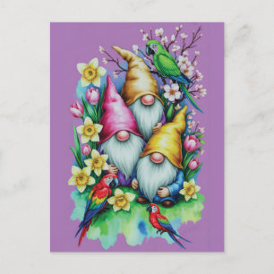 Cartes Pour Fêtes Annuelles Nains de jardin avec perroquets et floraisons prin