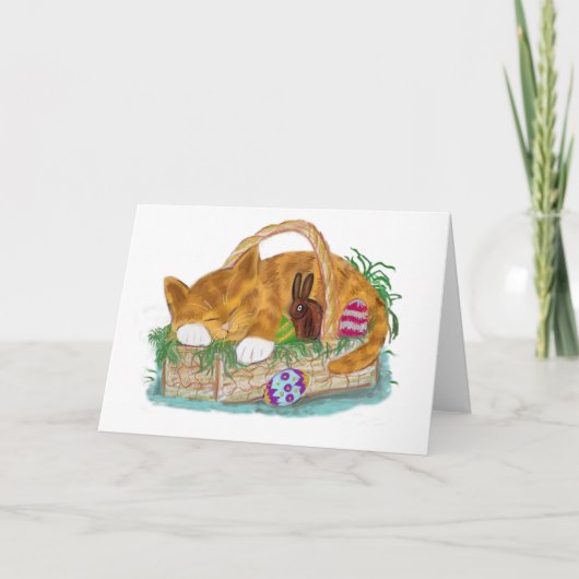 Cartes Pour Fêtes Annuelles Nap de chat dans un panier de Pâques (Devant)