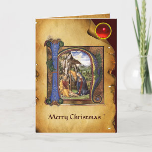 Cartes Pour Fêtes Annuelles NATIVITY MONOGRAM CHRISTMAS PARCHMENT Red Ruby Gem