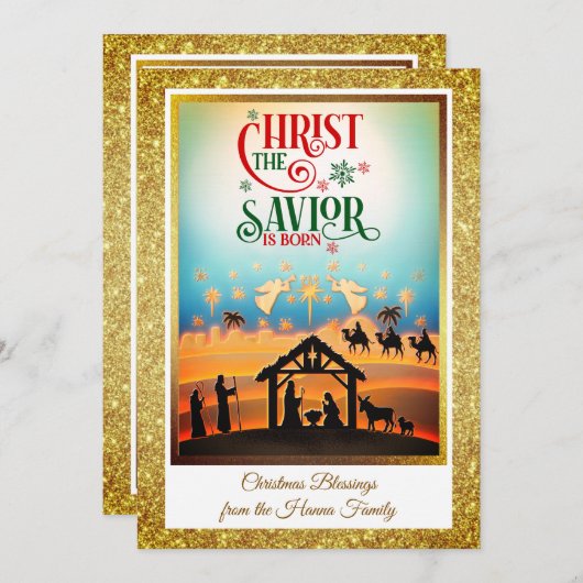 Cartes Pour Fêtes Annuelles Nativity Scene "Merry Christmas & Happy New Year" (Devant / Derrière)