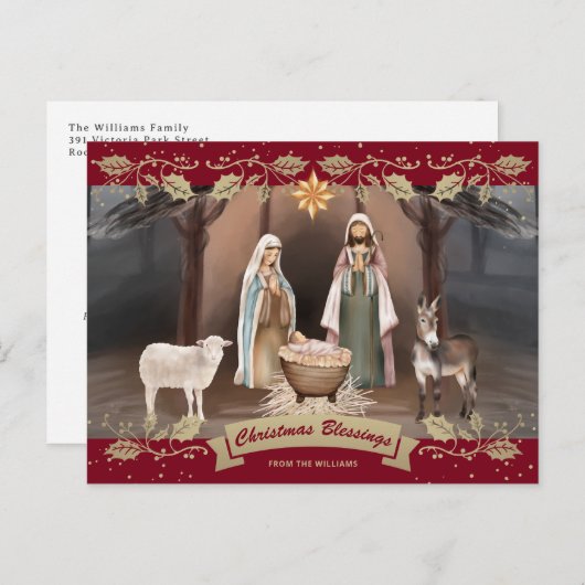 Cartes Pour Fêtes Annuelles Nativity Scene Red Christian Christmas (Devant / Derrière)