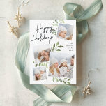 Cartes Pour Fêtes Annuelles Naturellement Joyeux | Christmas Photo Collage<br><div class="desc">Notre magnifique carte photo de vacances rustique chic dispose de quatre de vos photos de famille de carrés préférées dans une mise en page collage. "Happy Holidays" apparaît en haut dans la typographie en écriture manuscrite sur un arrière - plan en damier blanc accentué de vert clair aquarelle feuillage botanique...</div>