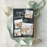 Cartes Pour Fêtes Annuelles Naturellement Joyeux | Christmas Photo Collage<br><div class="desc">Notre magnifique carte photo de vacances rustique chic dispose de quatre de vos photos de famille de carrés préférées dans une mise en page collage. "Happy Holidays" apparaît en haut dans la typographie en écriture manuscrite sur un doux arrière - plan off-black agrémenté d'un feuillage botanique vert foncé et luxuriant...</div>