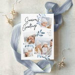 Cartes Pour Fêtes Annuelles Naturellement Joyeux | Christmas Photo Collage<br><div class="desc">Notre magnifique carte photo de vacances rustique chic dispose de quatre de vos photos de famille de carrés préférées dans une mise en page collage. "Bonnes Fêtes" apparaît en haut dans la typographie manuscrite sur un arrière - plan en damier blanc agrémenté d'un feuillage botanique d'aquarelle bleu glacé pour un...</div>