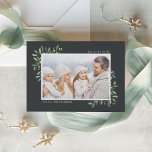 Cartes Pour Fêtes Annuelles Naturellement Joyeux | Elégante photo aquarelle<br><div class="desc">Cette carte de vacances simple et élégante d'inspiration nature présente votre photo horizontale ou paysagère préférée, ornée aux coins de branches d'aquarelle verte de forêt gracieuse. Personnalisez avec votre salutation personnalisée (illustrée par "Joy to the World"), l'année, et votre nom de famille en lettres modernes. Un design botanique élégant pour...</div>