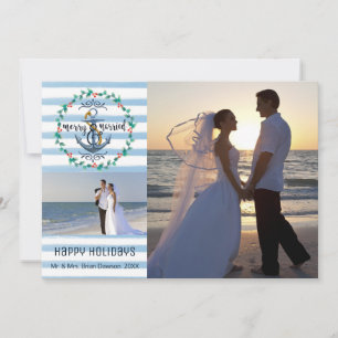 Cartes Pour Fêtes Annuelles Nautical Merry & Mariés, Rayures Bleues, Deux Phot