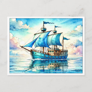 Cartes Pour Fêtes Annuelles Navire de voile bleu serein aquarelle