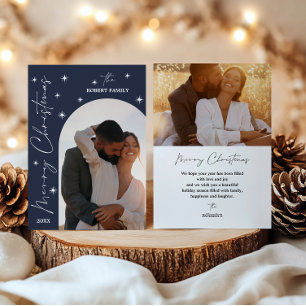 Cartes Pour Fêtes Annuelles Navy Arch Moderne Script 2 Photo Joyeux Noël 
